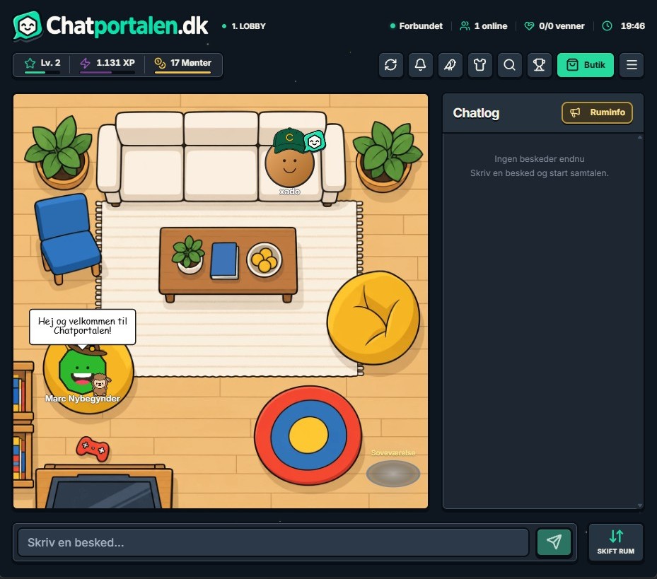 Chatportalens lobby med avatarer, møbler og chatlog